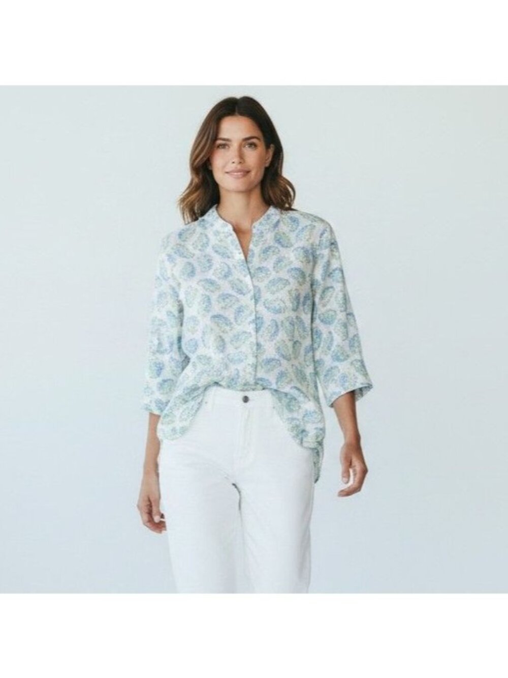 J. Jill Love Linen White & Blue Paisley Print Button-Front Blouse 3/4 Sleeve Sz